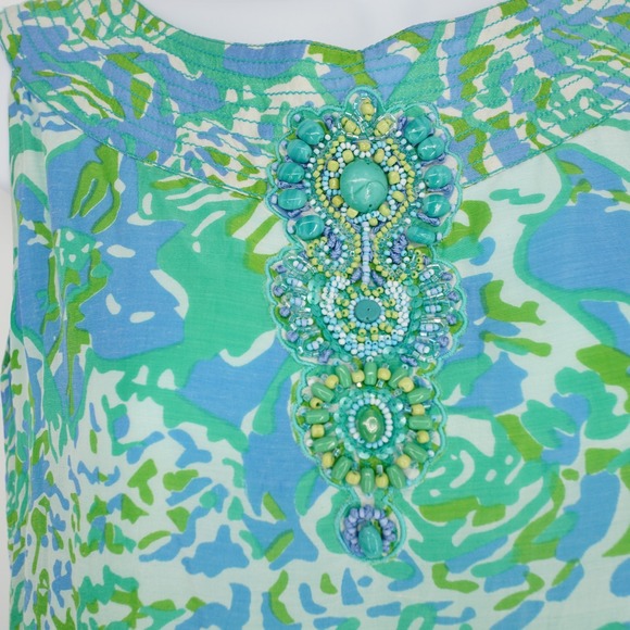 Bella Tu Shift Dress Womens XL Blue Green Floral Beaded Lightweigth Lined Resort - Picture 2 of 14